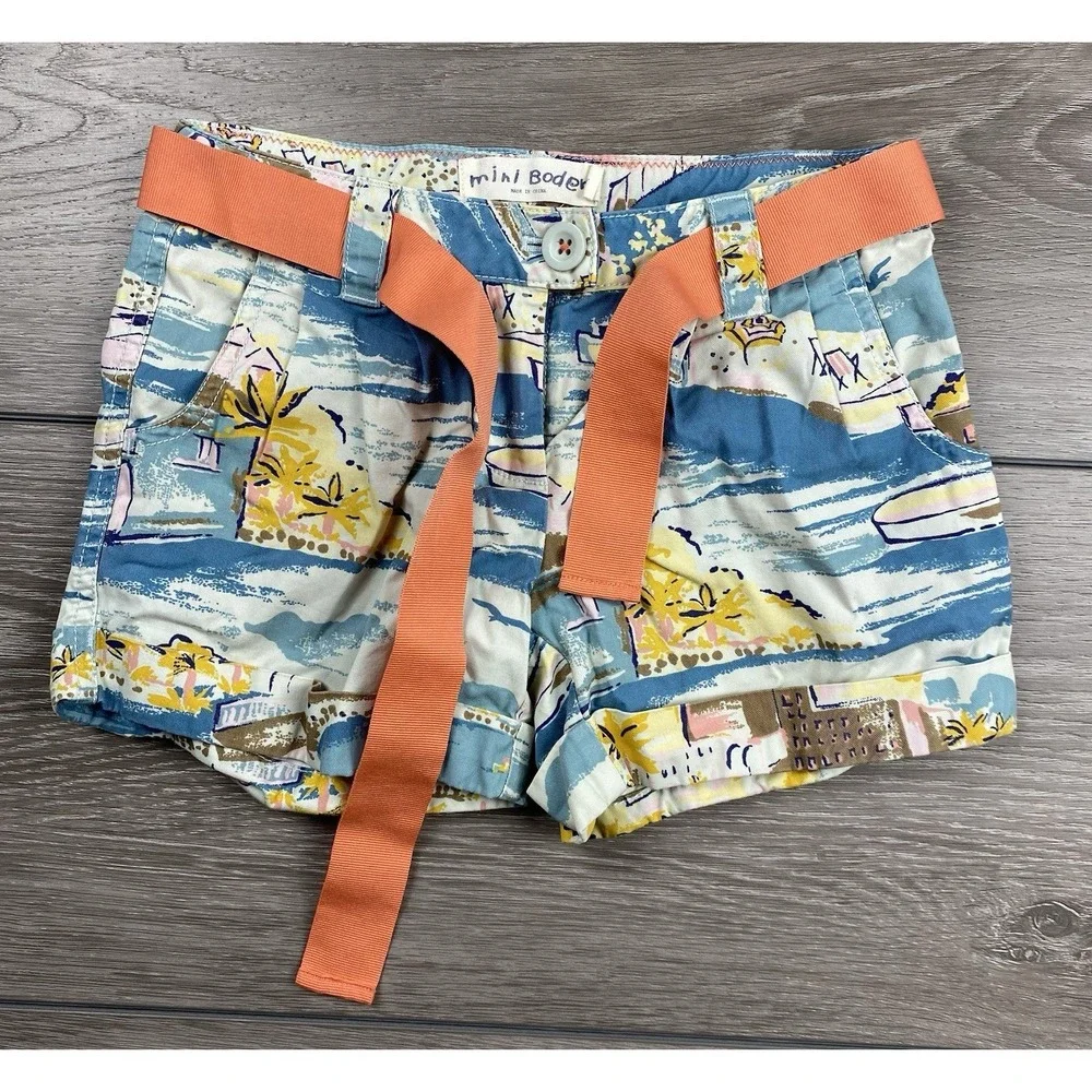 Mini Boden Girls Cityscape Print Ribbon Belt Shorts Multicolor‎ Size 7Y
